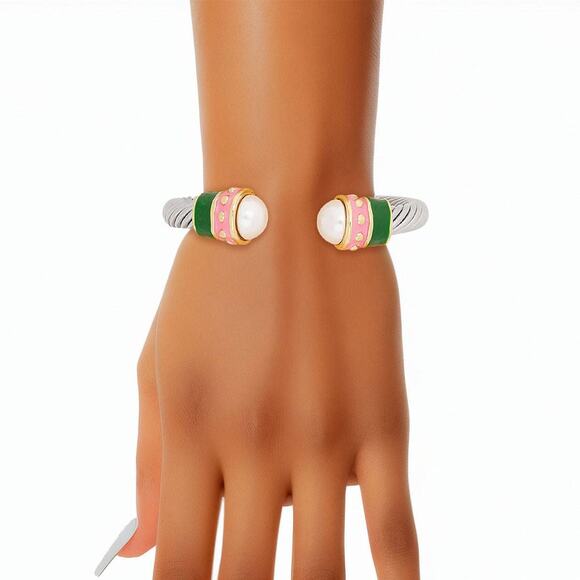 AKA Pink Green Thick Cable Classic Silver Bangle - Picture 1 of 2